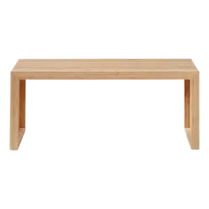 Bænk i bambus med slatted sæde og minimalistisk design. Rektangulær form med enkle ben.