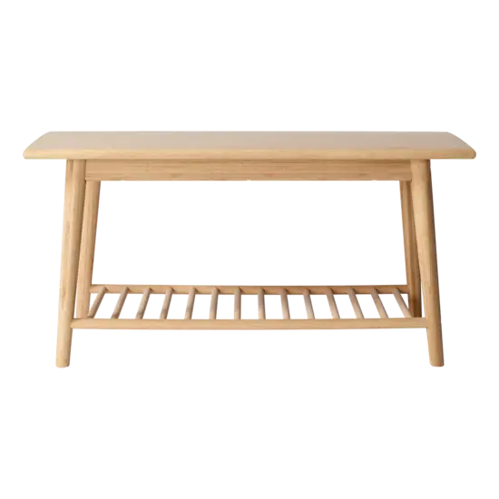 Bænk i bambus med flad top, fire ben og en nedre hylde til opbevaring. Minimalistisk design.