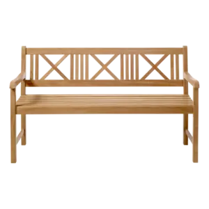 Træbænk med slatted ryg og sæde, flade armlæn. Elegant design i teaktræ.