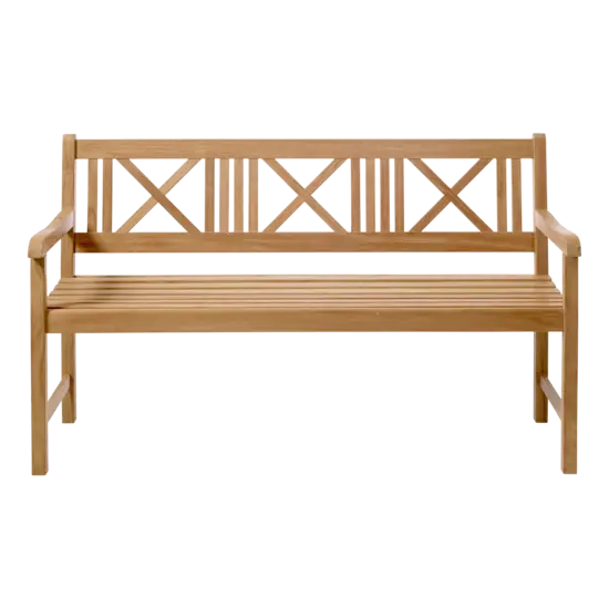 Træbænk med slatted ryg og sæde, flade armlæn. Elegant design i teaktræ.