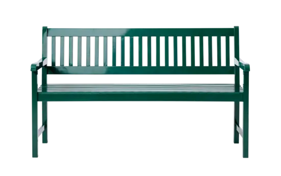 Grøn havebænk med lamel-ryglæn og sæde, samt armlæn. Robust design til udendørs brug.