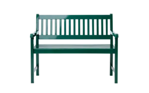 Grøn havebænk med skinnende finish, slatted ryg og sæde, og armlæn på begge sider.