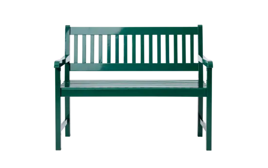 Grøn havebænk med skinnende finish, slatted ryg og sæde, og armlæn på begge sider.