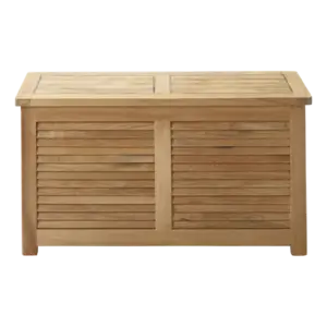 Rektangulær opbevaringsbænk i teak med fladt top og lamel-design på fronten.