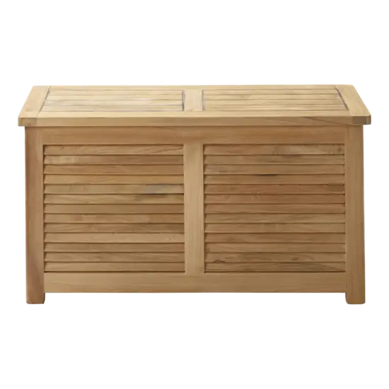 Rektangulær opbevaringsbænk i teak med fladt top og lamel-design på fronten.