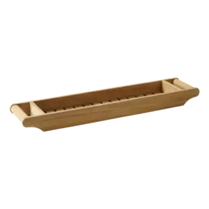 Rektangulær badekarskurv i teak med lamelbund og hævede kanter. Enkel og funktionel design.