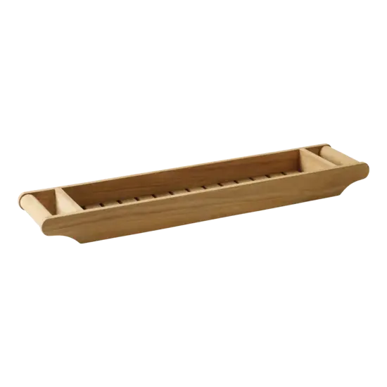 Rektangulær badekarskurv i teak med lamelbund og hævede kanter. Enkel og funktionel design.