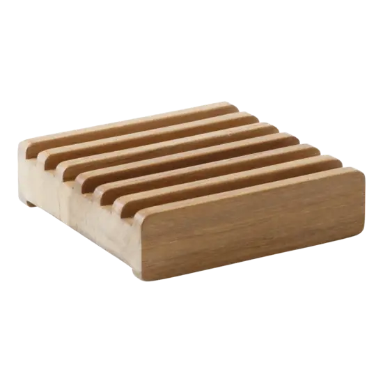 Rektangulær sæbeskål i teak med afrundede kanter og parallelle riller på toppen.