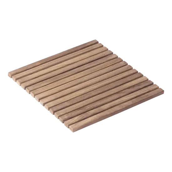 Lille firkantet bademåtte i teak, 40x40 cm. Trælister i lys brun farve, enkel og funktionel design.