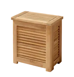 Lille teak opbevaringsboks med jalousi-design, fladt top og fire ben.
