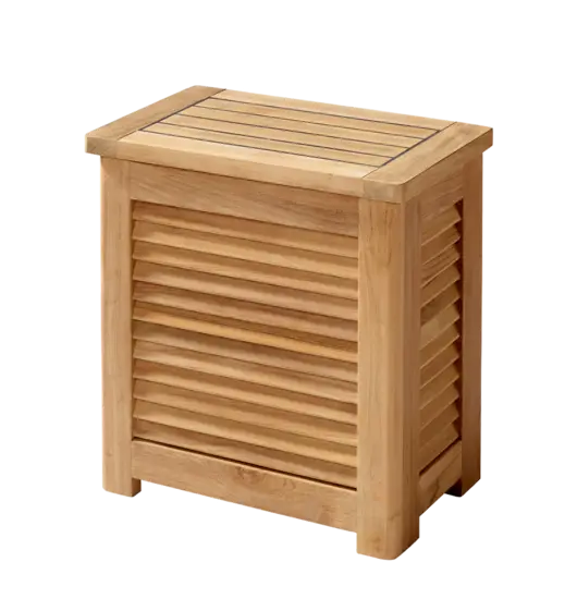 Lille teak opbevaringsboks med jalousi-design, fladt top og fire ben.