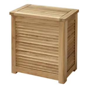 Opbevaringsboks i teak med jalousidesign og hængslet låg. Rektangulær form.