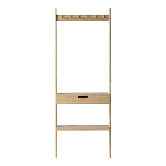 Vægophæng i bambus med 6 knager, en skuffe i midten og en hylde nederst. Høj og smal design.