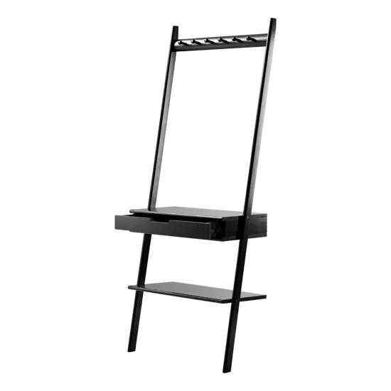 Sort væg møbel i bambus med 6 knager, 1 skuffe og en hylde i minimalistisk design.