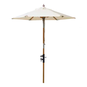 Parasol med off-white dug, rund form, træstang i teakfarve og justeringsmekanisme.