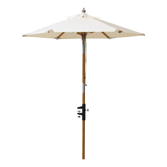 Parasol med off-white dug, rund form, træstang i teakfarve og justeringsmekanisme.