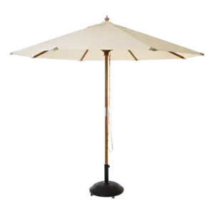 Parasol med 3m diameter, lys polyesterdug, træstang og mørk base.