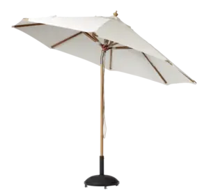 Off-white parasol med rund dug, træstang og solid fod. Elegant design til udendørs brug.