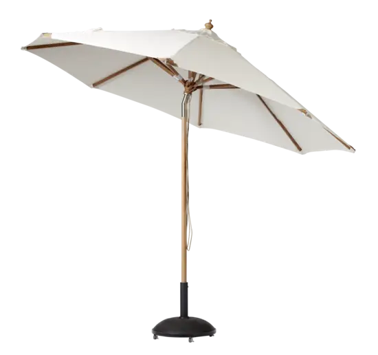 Off-white parasol med rund dug, træstang og solid fod. Elegant design til udendørs brug.