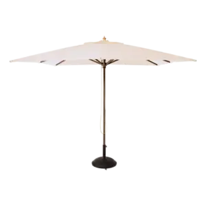 Firkantet parasol med lys baldakin, central stang og base. Perfekt til udendørs brug.