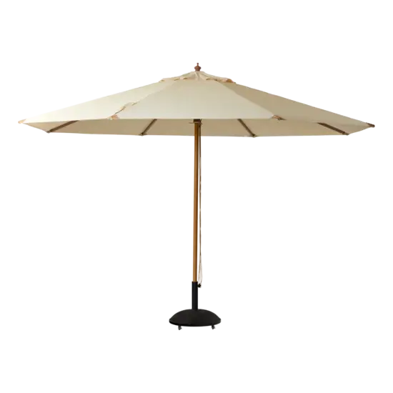 Stor rund parasol med off-white dug, central stang og ribber. Designet til robust udendørs brug.