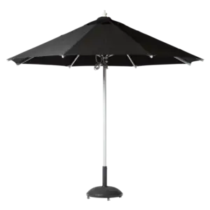 Sort parasol med rund skærm, central stang og synlige ribber, ideel til udendørs brug.