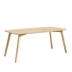 Rektangulært spisebord i bambus med enkle, skrå ben og minimalistisk design.