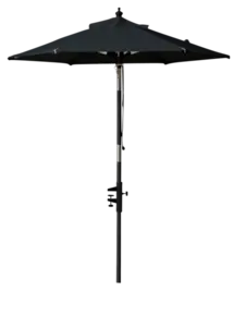 Sort balkonparasol med rund baldakin og spids top. Central sort stok understøtter designet.