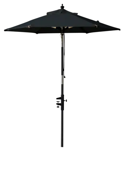Sort balkonparasol med rund baldakin og spids top. Central sort stok understøtter designet.