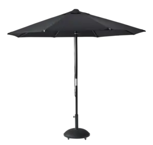 Rund sort parasol med sort stang og stabil base.