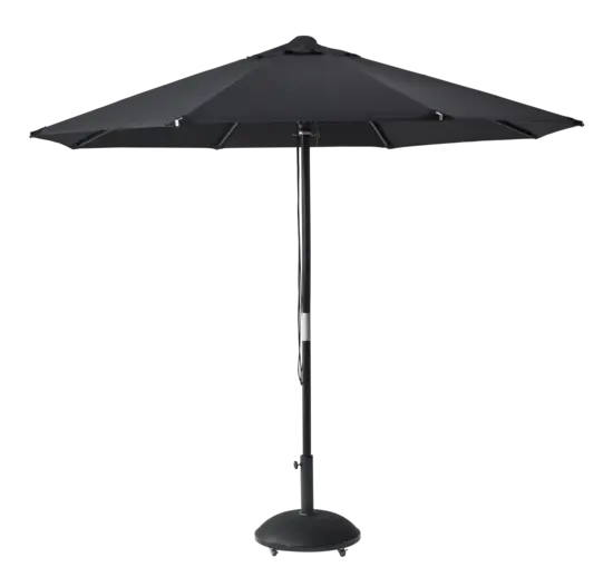 Rund sort parasol med sort stang og stabil base.