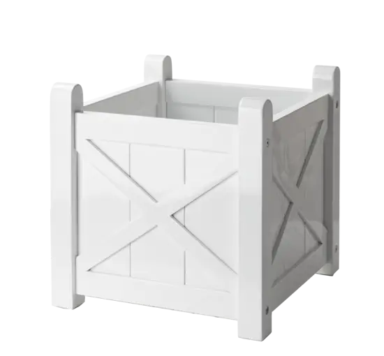 Hvid plantekasse 40x40x40 cm med krydslameller og fire hjørnestolper.