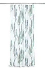 Bruseforhæng med bølget mønster i grøn, grå og beige nuancer på hvid baggrund, øjer til ophængning.