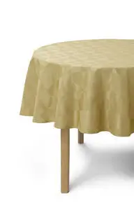 Rund messingfarvet dug med geometrisk mønster, hænger over bord, diameter 200 cm.
