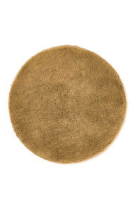 Rund badeværelsesmåtte i okker med fluffy, tekstureret overflade, 75 cm i diameter.