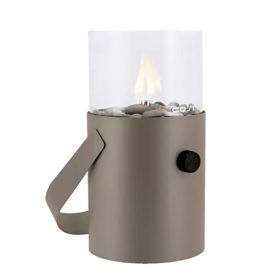Cylindrisk gaslanterne med glas top, dekorative sten, sidehåndtag og knap.