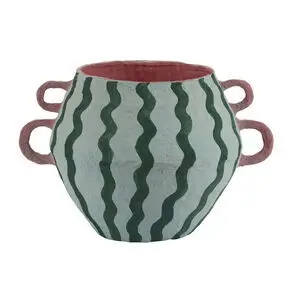Bahne - Bomuldsmaché vase bred med hanke og bølger - Grøn, hvid, pink