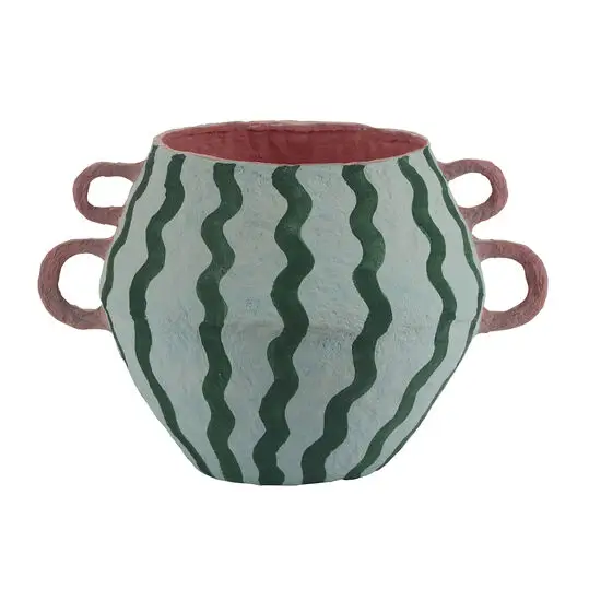Bahne - Bomuldsmaché vase bred med hanke og bølger - Grøn, hvid, pink