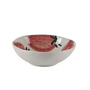 Bahne - Håndmalet frugtskål med jordbær, hvid, rød - D13 cm