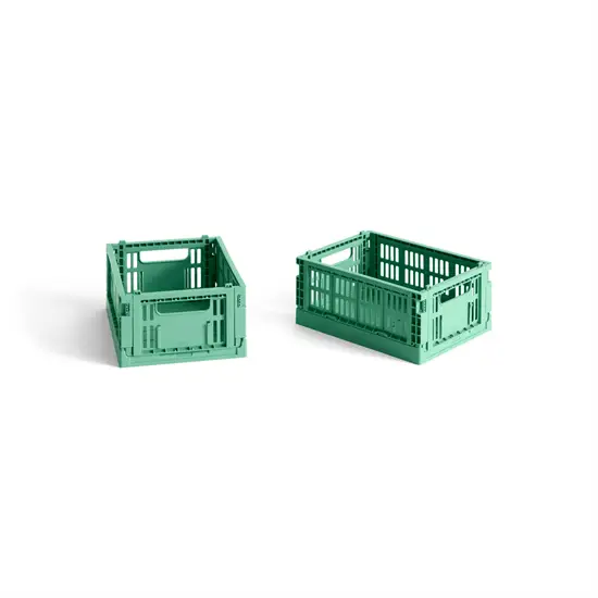 To mini plastkasser i mørk mint, en større og en mindre, står ved siden af hinanden.