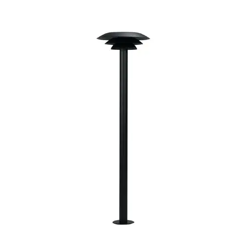 Udendørs sort lampe med mat finish, cylindrisk stolpe, skiveformet skærm og rund fod.