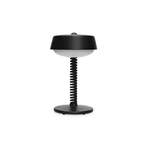 Bordlampe med rund fod, spiralformet hals og kuppelformet skærm i antracitfarve.