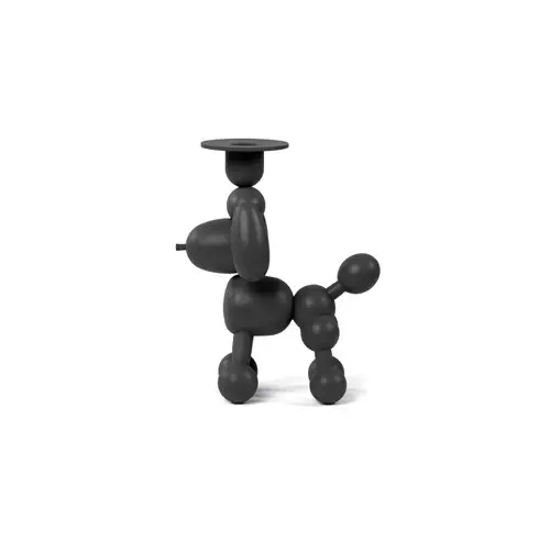 Mørkegrå ballonhund-formet lysestage med flad top til stearinlys, moderne og legende design.