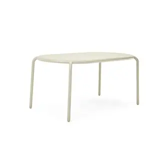Moderne rektangulært bord med lys bordplade og fire enkle ben, 160 cm langt, i minimalistisk stil.