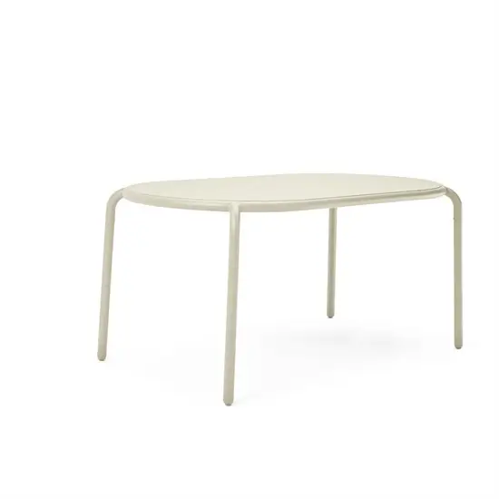 Moderne rektangulært bord med lys bordplade og fire enkle ben, 160 cm langt, i minimalistisk stil.