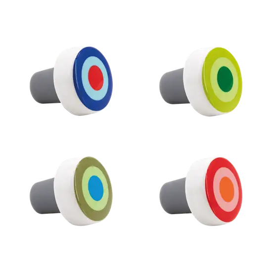 Sæt af fire flaskeforseglinger med cirkulære design og forskellige farvekombinationer på toppen.
