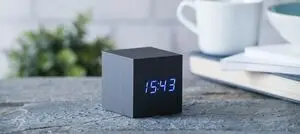 Gingko - Wooden Cube Click Clock Black / Blue LED