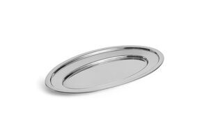 Ovalformet skål i stål med blank overflade, der reflekterer lys. Skålen er enkel og moderne i design.