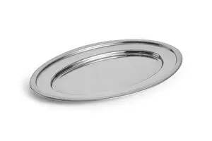 Stor, blank, oval stålfad med reflekterende overflade og hævet kant. Velegnet til servering.