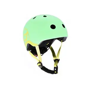 Grøn cykelhjelm med ventilationshuller og afrundet design. Inkluderer justerbare remme.